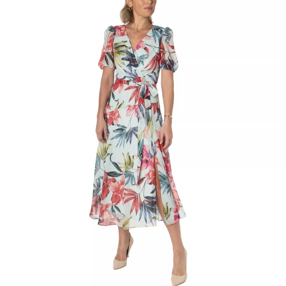Maison Tara Floral Sheer Wrap Puff Sleeve Belted Slit Zip Midi Dress